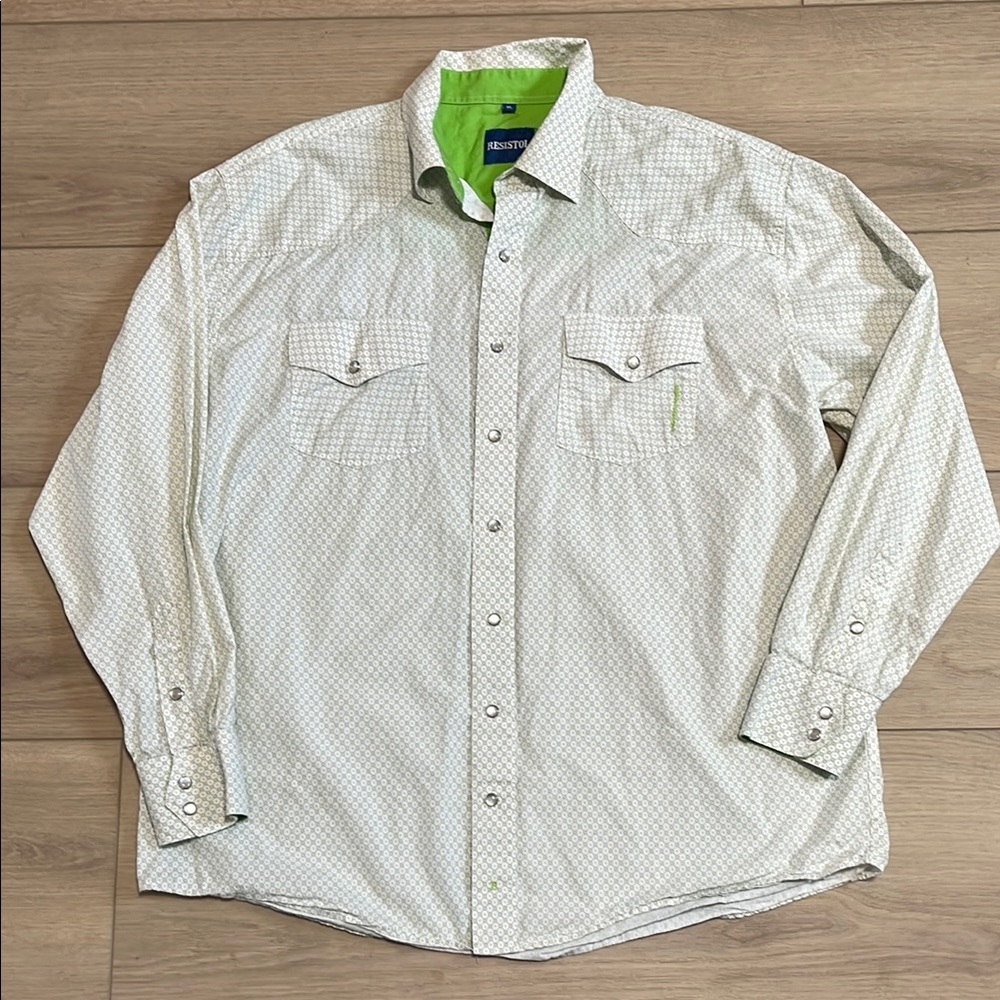 Resistol Pearl Snap Button Down Long Sleeve White Green Shirt Men Size XL